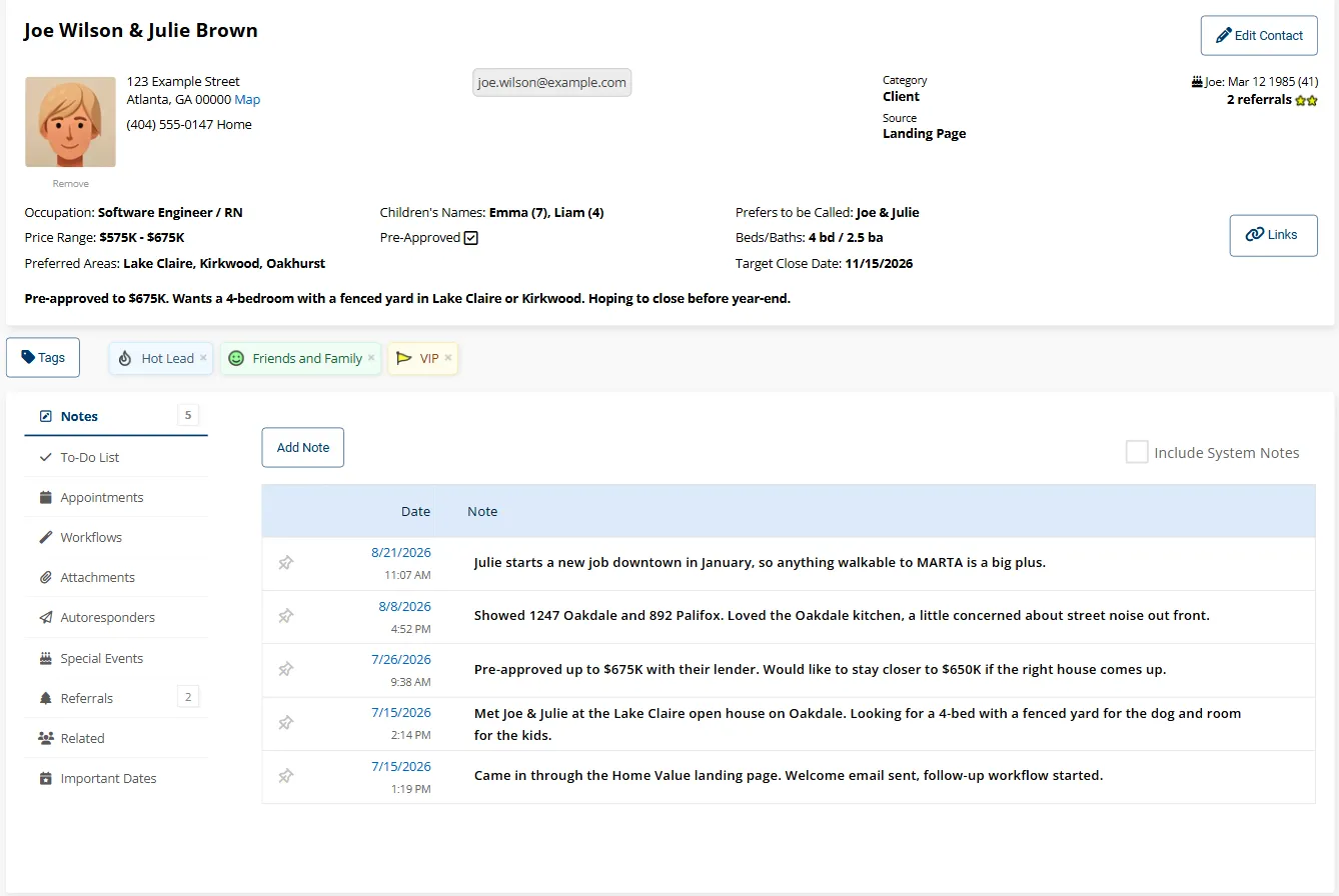 An AllClients contact record showing the person’s photo, address, category, lead source, and tags, with tabs for notes, to-dos, appointments, and full history, and a note logged from an open house.