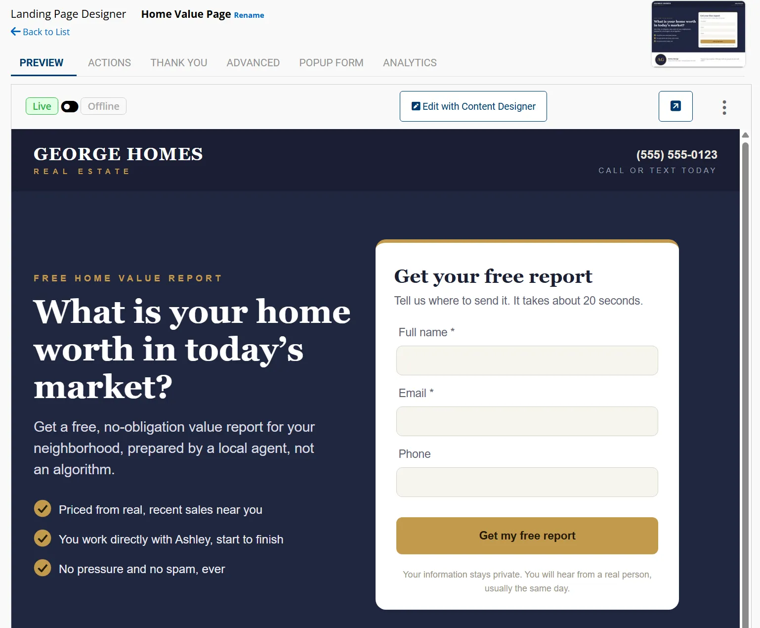 A lead-capture landing page inside the AllClients Landing Page Designer, set live, with a headline and a “get your free report” form.