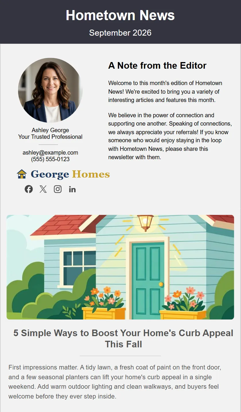 A finished AllClients monthly newsletter: the masthead, the agent’s photo and a note from the editor, then a feature article with its own photo running down the page.