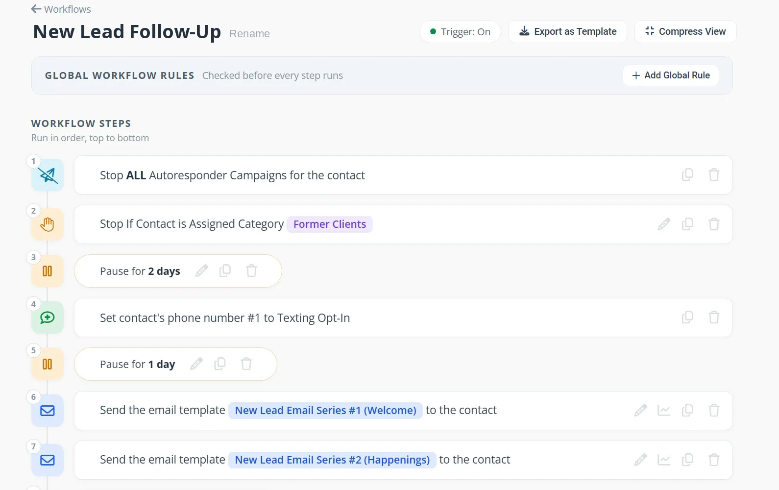 The AllClients workflow editor showing a New Lead Follow-Up sequence: stop other campaigns, pauses, a texting opt-in, and a series of emails, run in order top to bottom.