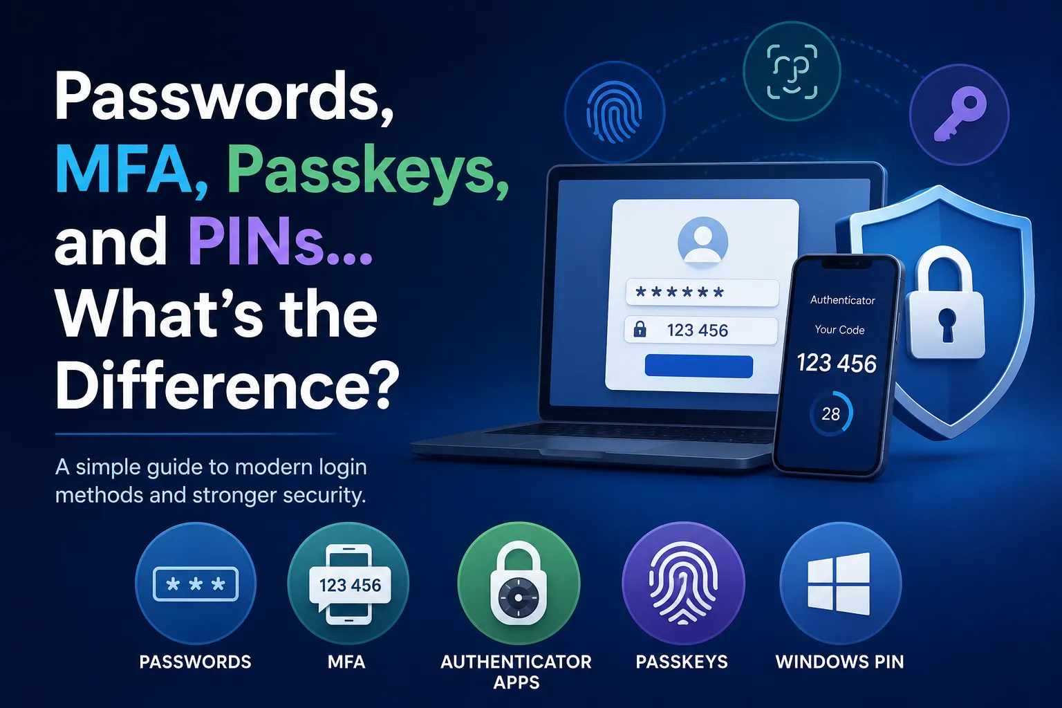Passwords, MFA, Authenticator Apps, Passkeys, and PINs... What’s the Difference?